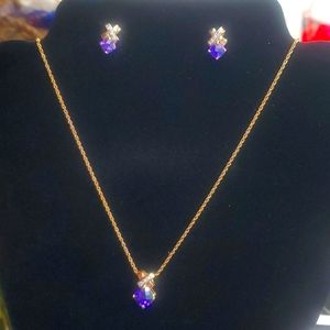 Genuine squared tanzanite CZ and clear CZ pendant and earring set